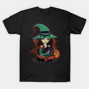 Cute Halloween Witch and Cat Big Eye Art T-Shirt